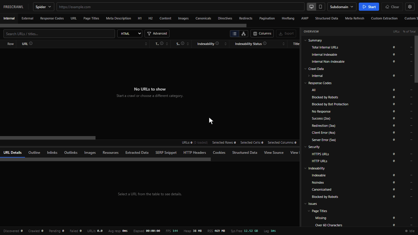 FreeCrawl SEO Tool in action: a live crawl streaming into the table, issue filters in the Overview, analysis tabs, URL Details, the export dialog, per-project issue settings and the light theme
